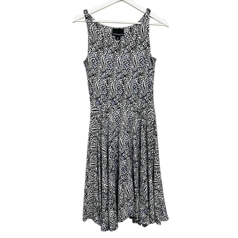 Cynthia Rowley Dress Womens S Black White Blue Paisley Fit and Flare Skater Boho